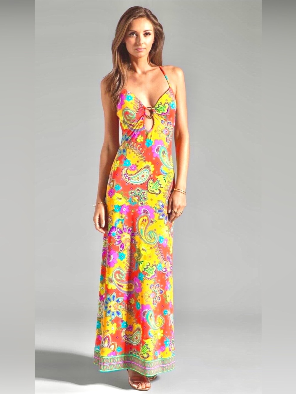 Trina Turk Summer Of Love Vibrant Floral and Paisley Maxi Dress L